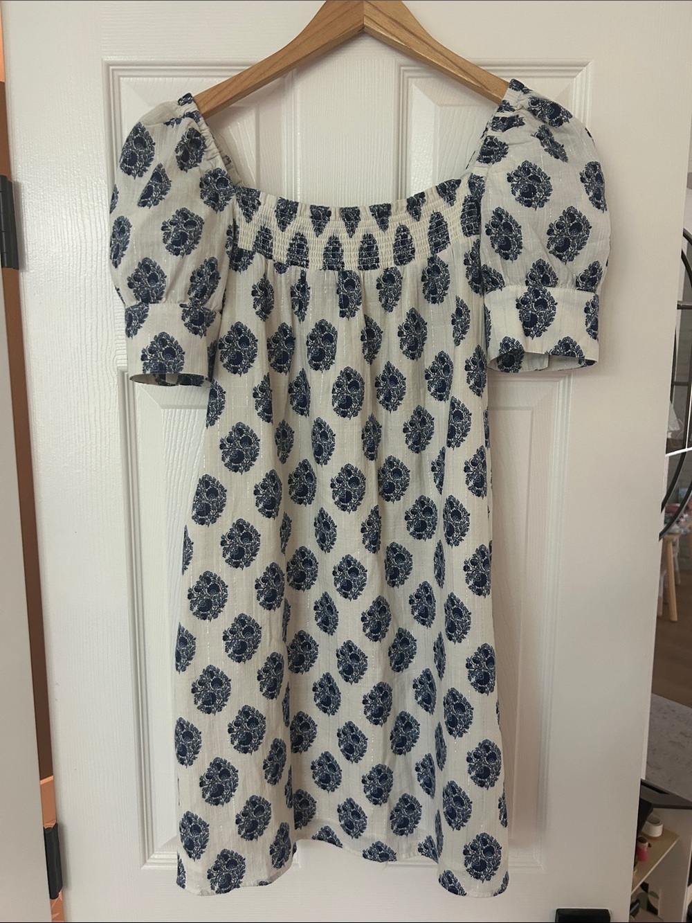 J.Crew Blue White Block Print Smocked Puff Sleeve Dress XS